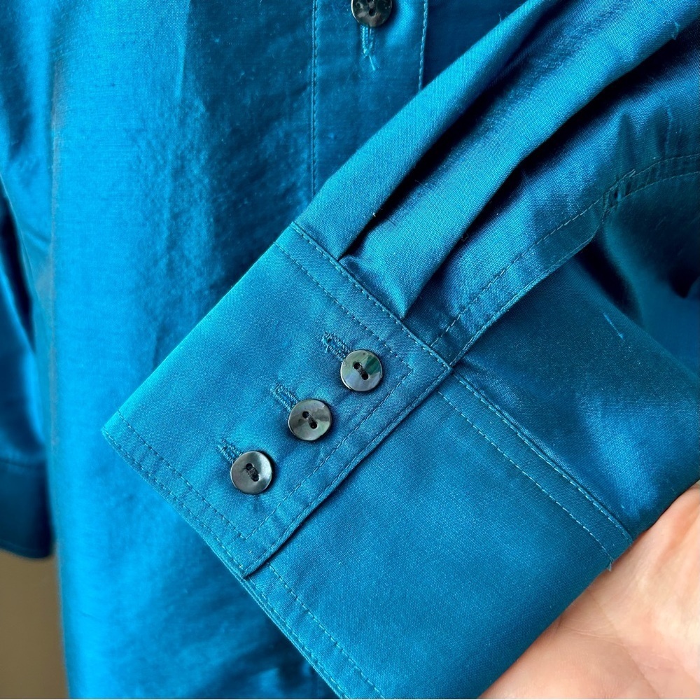 Chico's Teal Blue Raw Silk Long Sleeve Button Down Tunic Top Jacket Size 3 XL - Picture 7 of 8